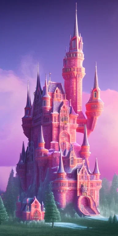 Ice cube shaped castle. pink houses, pink sky, pink smoke, trees, outdoors. street.