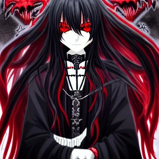 portrait anime vampire, long hair, red eyes, noble black robe, Blood, Gothic, skulls, hyper detailed, intricately detailed, looking at viewer, arms behind back pose, gothic, skulls, ambiguous lines image, flat dimensional style, flat lines, rough drawing --ar 2:3