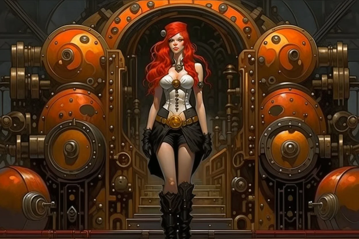 full body and headshot of a skinny young woman, with long straight red hair, standing in a steampunk setting, Frank Franzetta