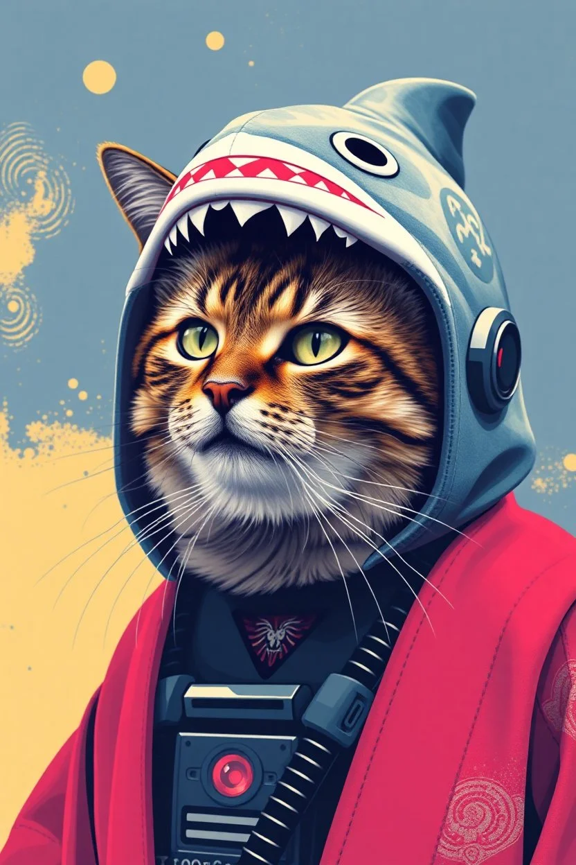 cat with shark mask hat solana starwars droid japanese style in the style of warhol