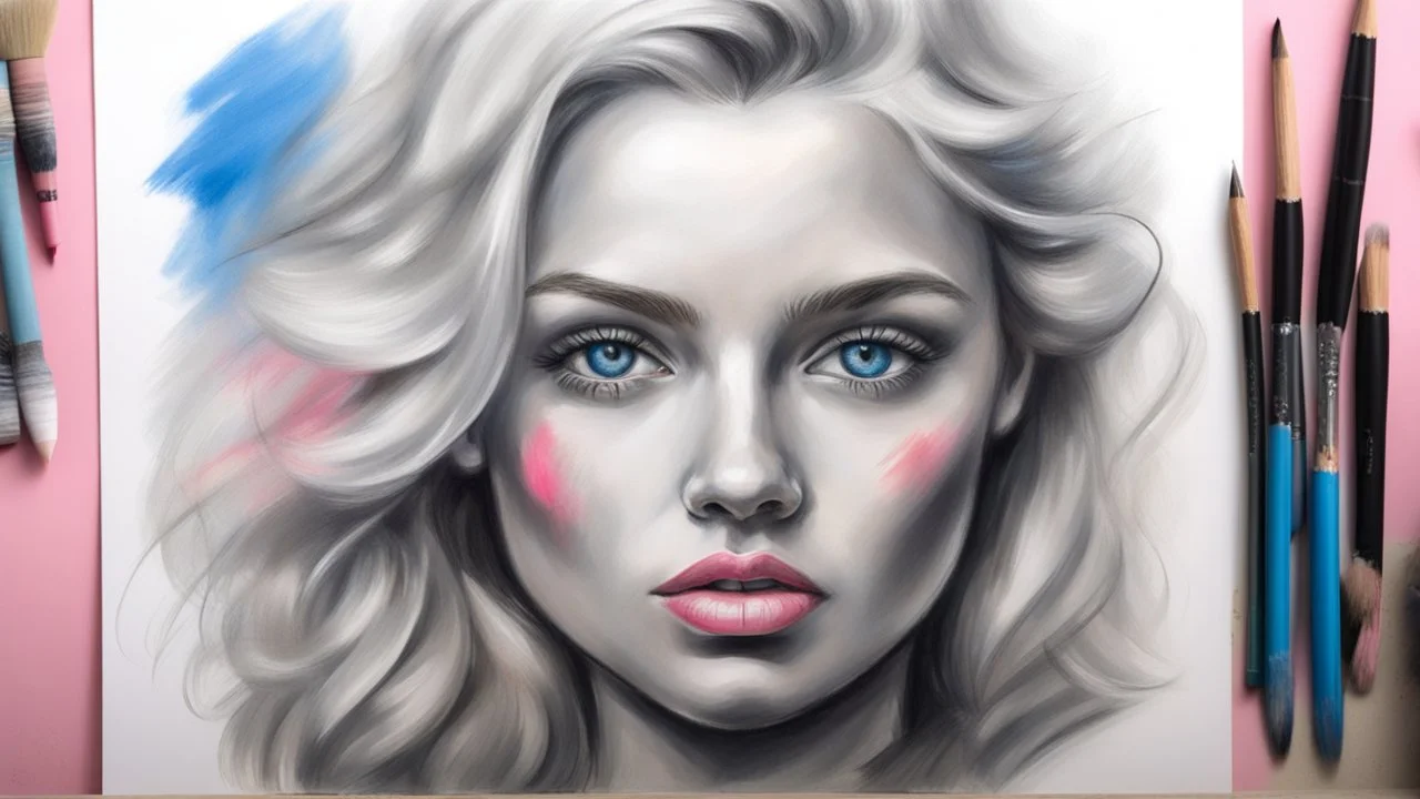 street artist draws a portrait of a blonde woman, charcoal, pencil, pink lips, blue eyes, fine drawing, hand with a brush