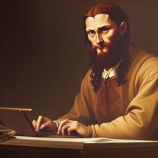 leonardo da vinci works in his study on a laptop at his desk. painting in photoshop. hyperdetailed, warm colors, movie poster, photoillustration, oil on canvas, lens flare