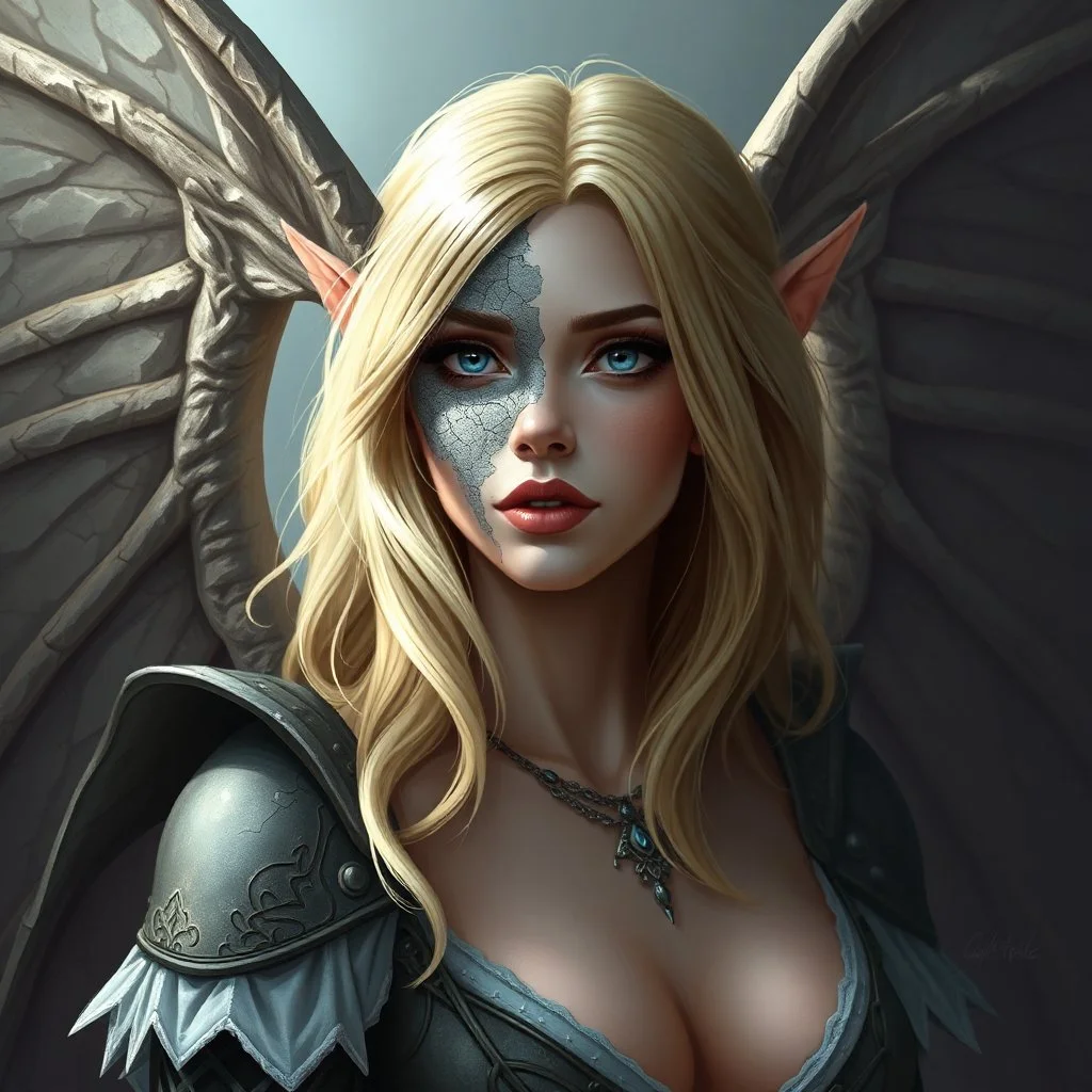 a blonde fantasy woman who is turning into a gargoyle, her face is partially stone, stone wings, digital art, stylised