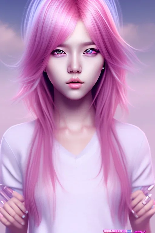 k-pop girl, photorealistic, pink hair, white clothes, hd