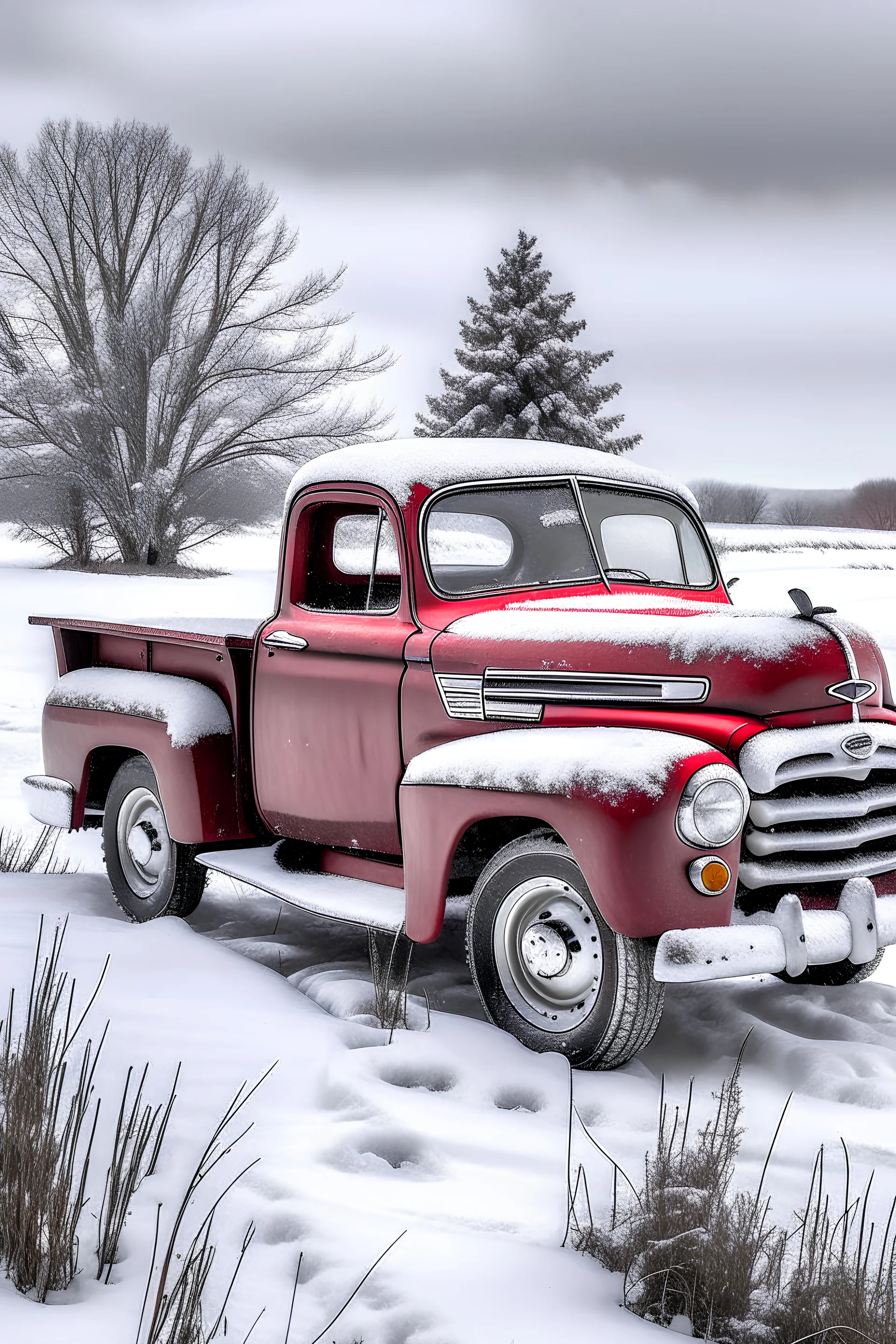 antique red pickup truck in a snowy field no background