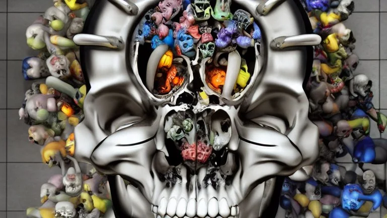 hundreds of anatomically correct, human skulls stacked into a wall unusual neon lighting, high octane, 64k, dystopian, vray, a picture of a dark, comedic, anatomically correct wall of colorful tightly packed skulls of varying sizes and expressions, photo-realistic, insanely meticulous, highly detailed,, 64k, dystopian, vray