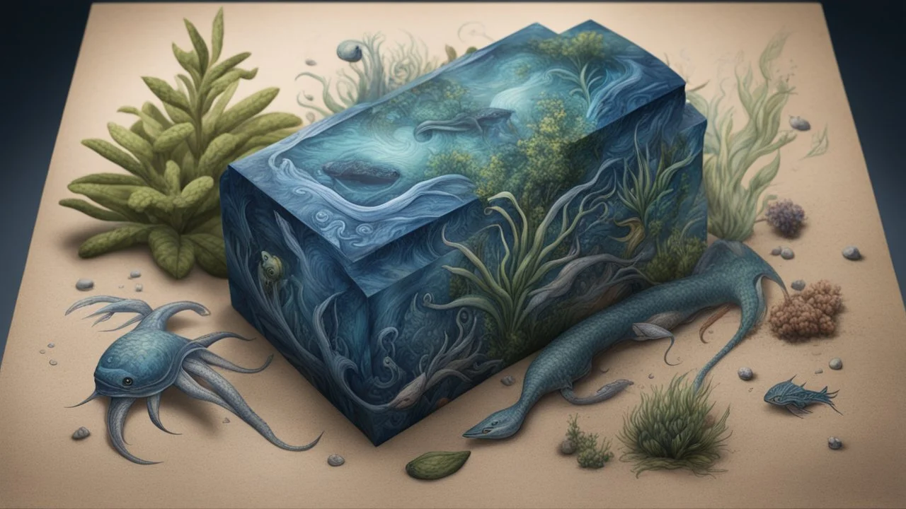 creatures, plants from subanautica from deep sea, drawn on the box, leviathan biom, plants, kyanite ,very realistic 4k