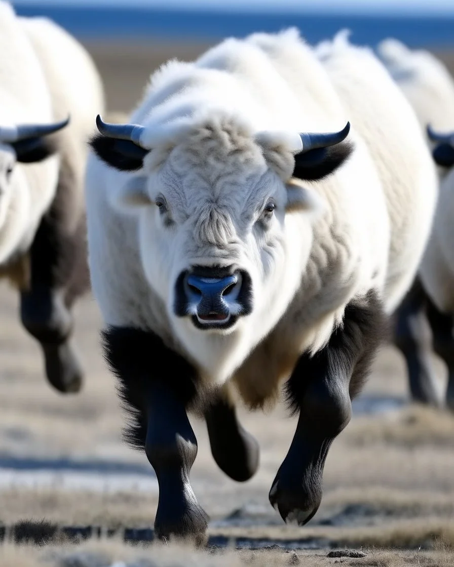 Bisonte blanco corriendo, de ojos negros, hocico negro y pesuñas negras. Calidad ultra, hiper realista