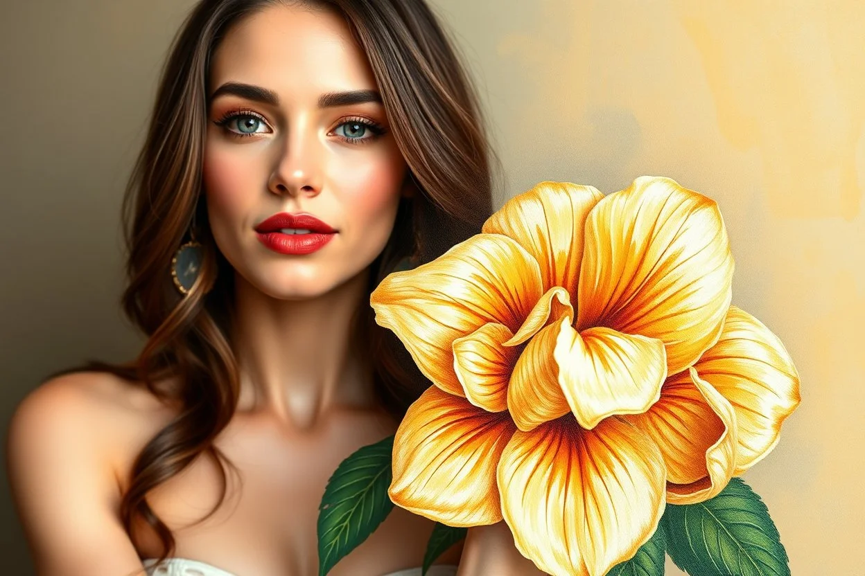 a beautiful lady with A detailed painting of one large, cream-colored flowers in the style of acrylic paint in her hand ,full body shot