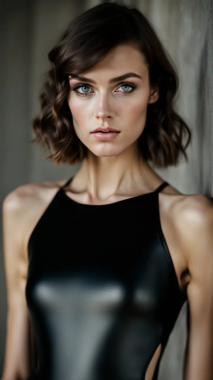 beautiful anorexic secretary, total shot, short shiny grey triathlon swimsuit, short brunette wavy bob hair, blurred concrete background, standing