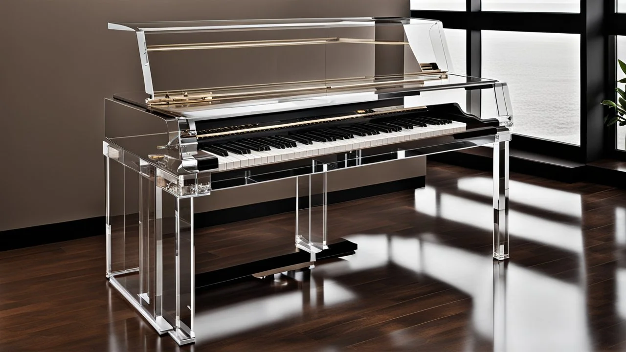 An innovative, award-winning, fully transparent piano . showcasing all its intricate mechanical components visibly. The design highlights its modern elegance, with sleek lines and a minimalistic approach, emphasizing the beauty of its transparent structure and the complexity of its inner workings. The piano stands gracefully in a well-lit, contemporary setting, casting soft reflections on the floor, symbolizing the fusion of art and techno