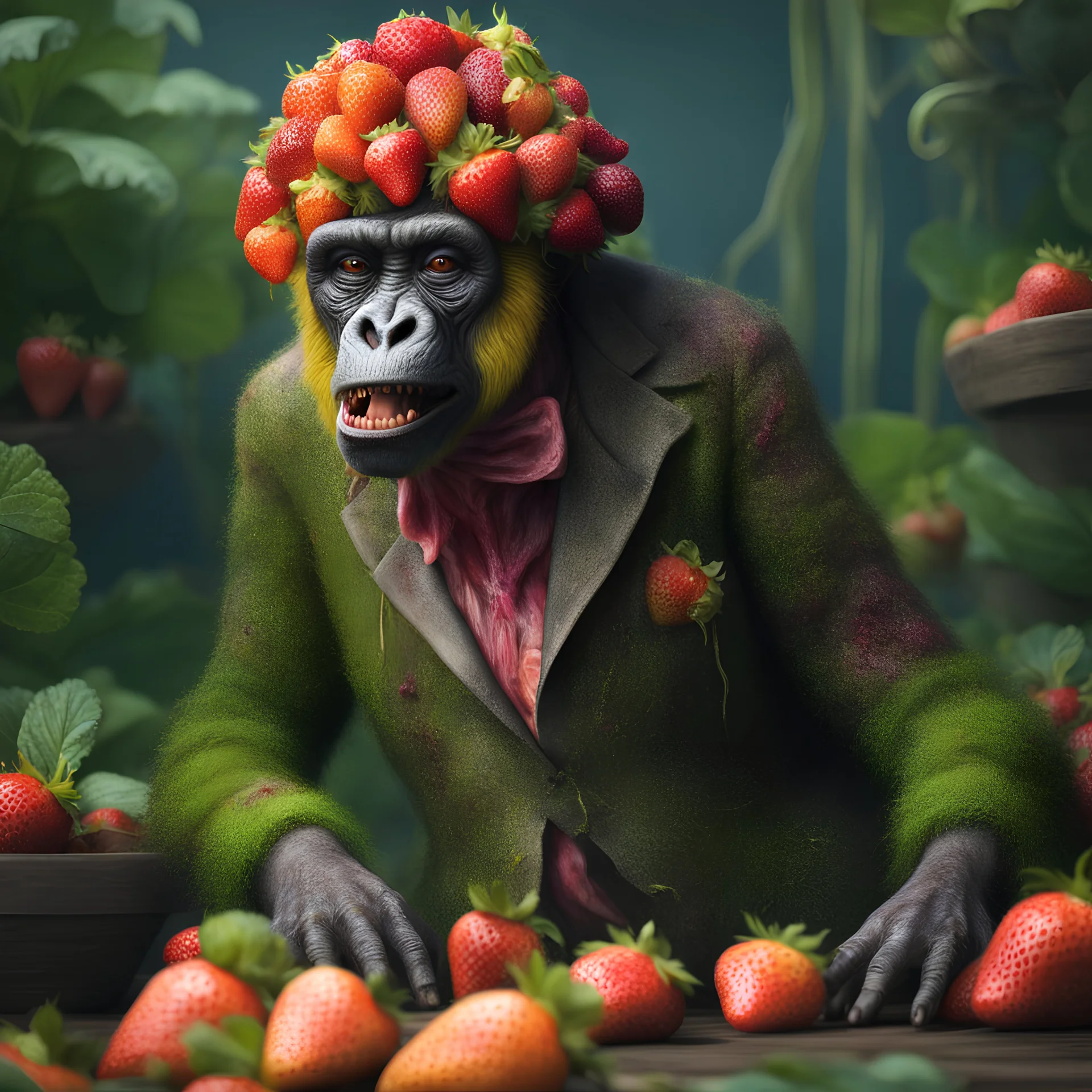 An amusing parody, an old, decomposing strawberry zombie gorilla witch with pixie-cut hair, wearing rotting clothes, 4k, 8k, 32k UHD, Hyper realistic, extremely colorful, vibrant, photorealistic, realistic, sharp, highly detailed, professional quality,