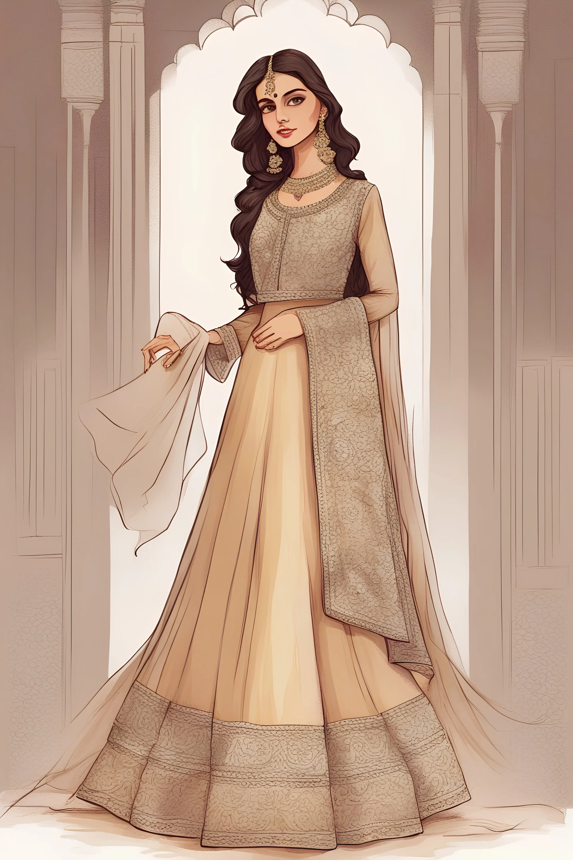 AN ILLUSTRATION OF a girl wearing mehdi lehnga dress