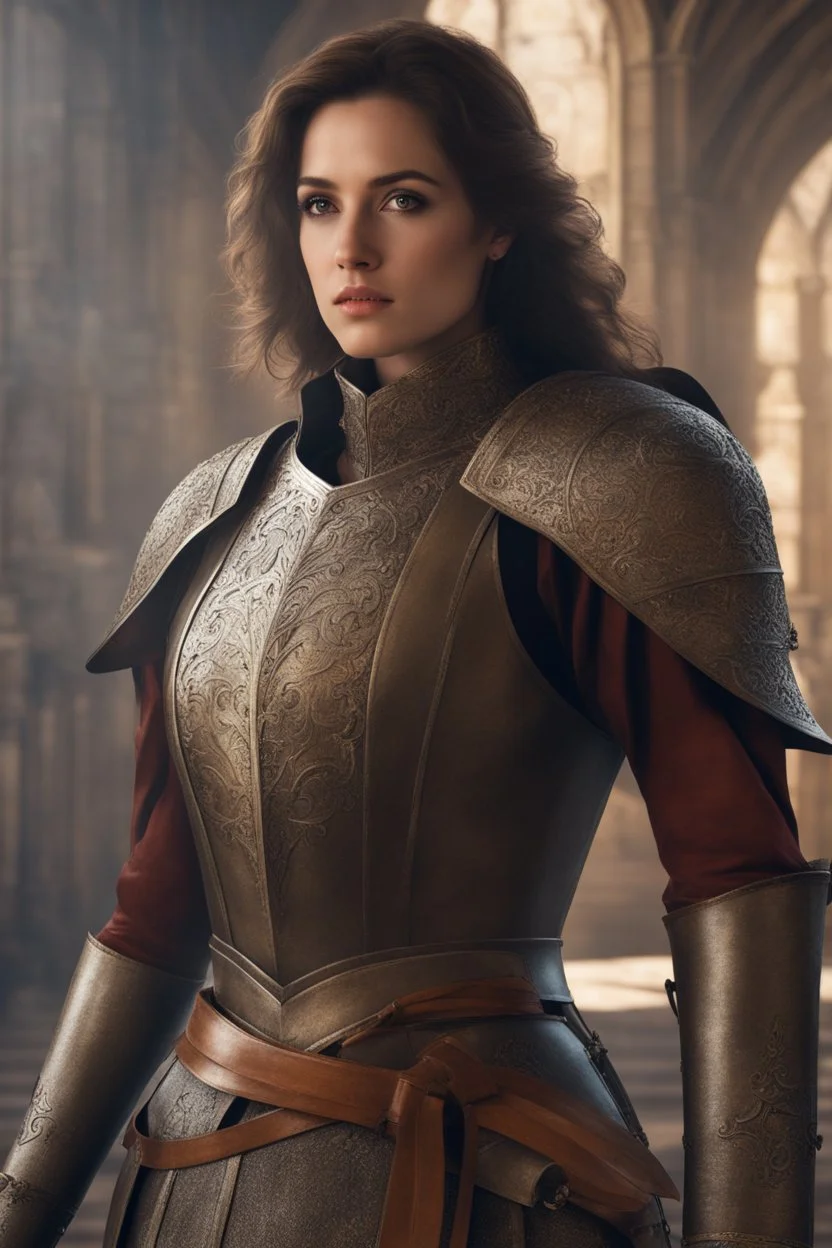 female noble templar knight, fantasy setting, medieval, year 1800, 8k, high detail, intricate, cinematic background, facing viewer