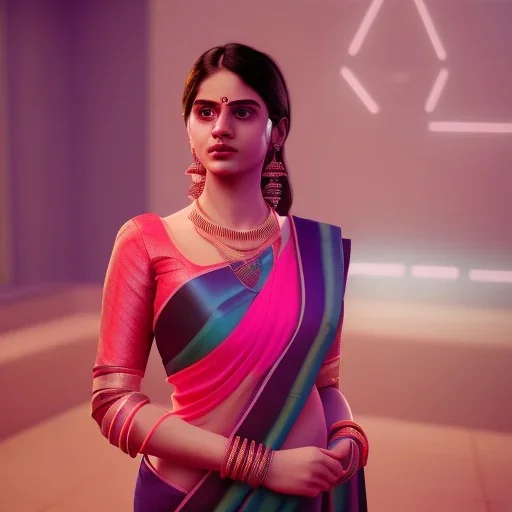 full body photo of a girl in saree in dark room with neon light ,hyperrealistic,detailed,8k,cinematic