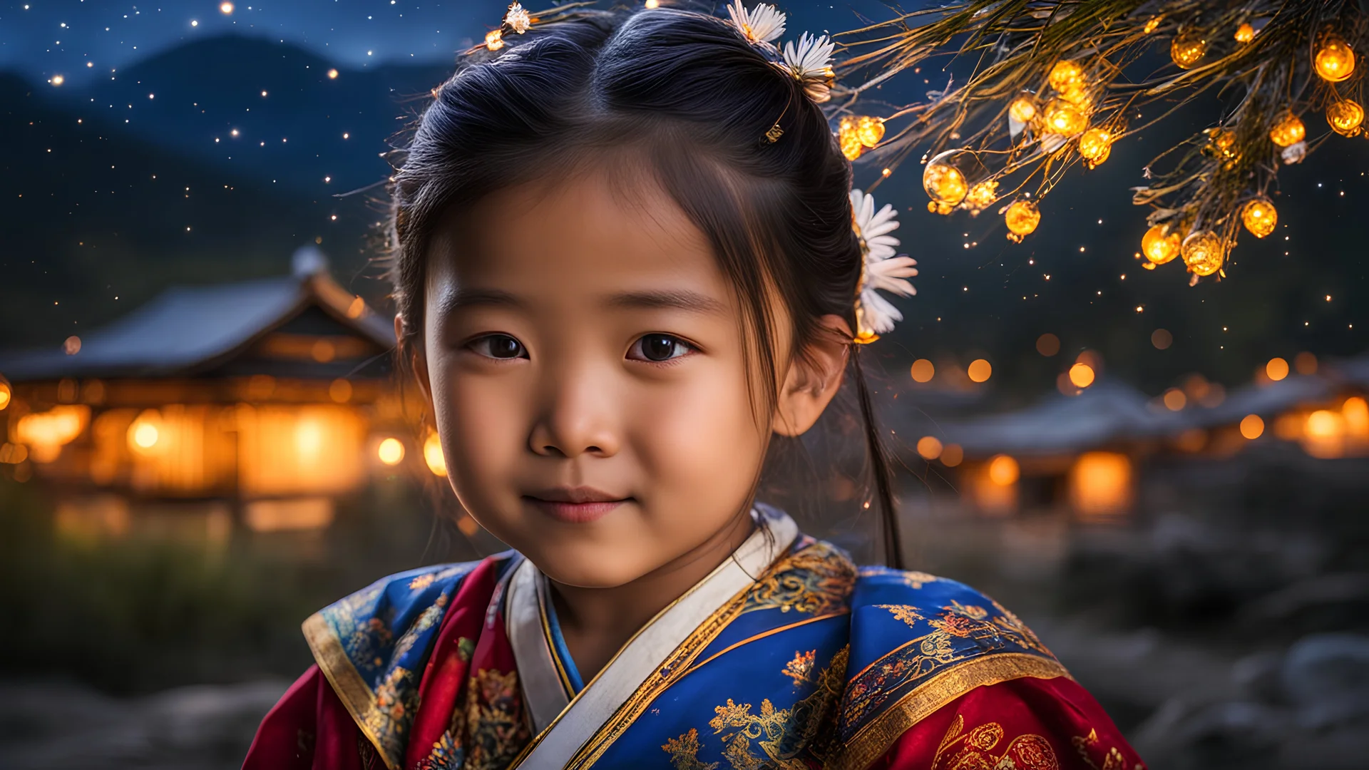 little very young Bhutan girl, beautiful, peaceful, gentle, confident, calm, wise, happy, facing camera, head and shoulders, traditional Bhutan costume, perfect eyes, exquisite composition, night scene, fireflies, stars, Himalayan view, beautiful intricate insanely detailed octane render, 8k artistic photography, photorealistic concept art, soft natural volumetric cinematic perfect light, chiaroscuro, award-winning photograph, masterpiece, Raphael, Caravaggio, Bouguereau, Alma-Tadema