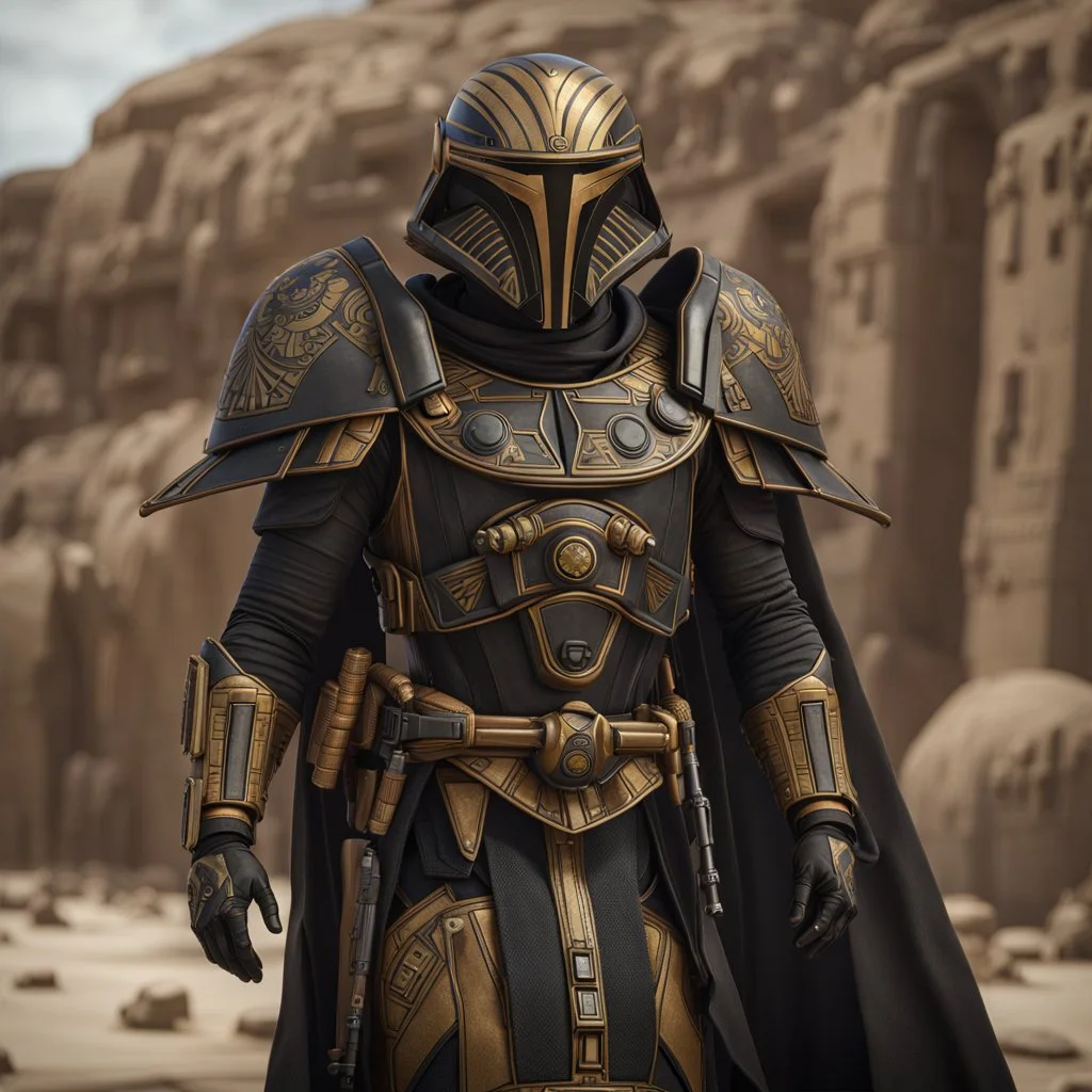 star wars bald male corellian pilot wearing pearlescent black and gunmetal grey First Order special forces heavy assault armor and helmet with gold trim inside the jedi temple, centered portrait, hyperdetailed, dynamic lighting, hyperdetailed background, 8k resolution, volumetric lighting, light skin, fully symmetric details