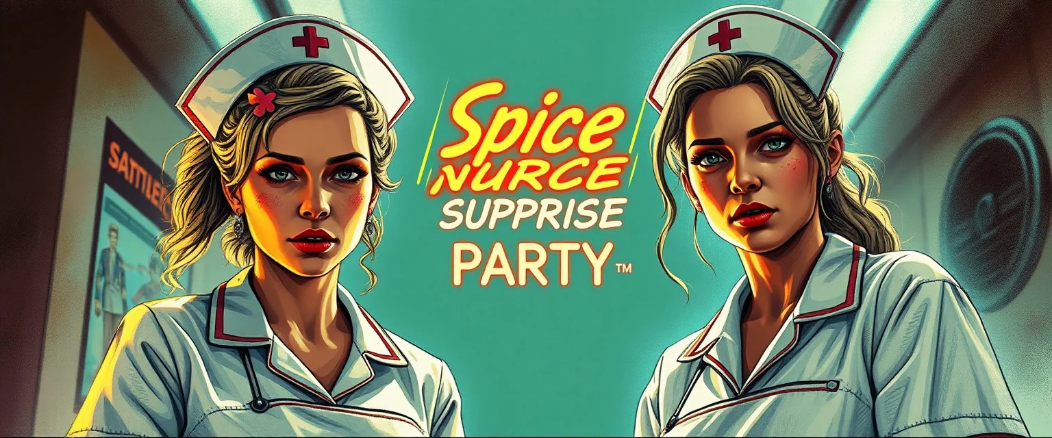 cyberpunk fallout 4, airbrush and pen outline, A cinematic, high-end advertisement image for a fictional service called “Spice Girl Nurse Surprise Party™”. Split-screen composition with two contrasting emotional states.