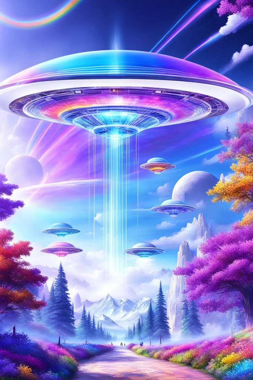 Ufo rainbow, futuriste ultra moderne,heaven,crystal very beautiful city,nature forest flowers colors