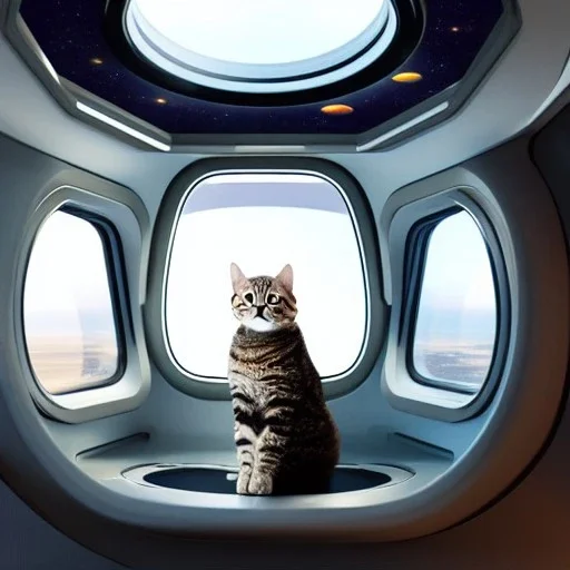 hyper-realistic spaceship interior with cat looking out of window at floating astronaut in space, 8k resolution, high-quality, fine-detail, detailed matte, intricate, 3D octane render, illustration, digital art, brian froud, howard lyon, anna dittman, greg rutowski,