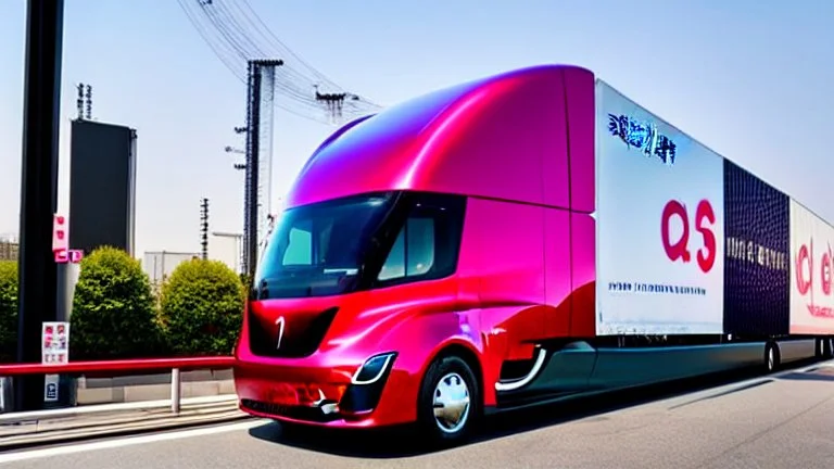 A Tesla semi-truck is racing at top speed, across the 'Universal Studios Japan', in Osaka. CINEMATIC. WIDE ANGLE LENS. PHOTO REAL.