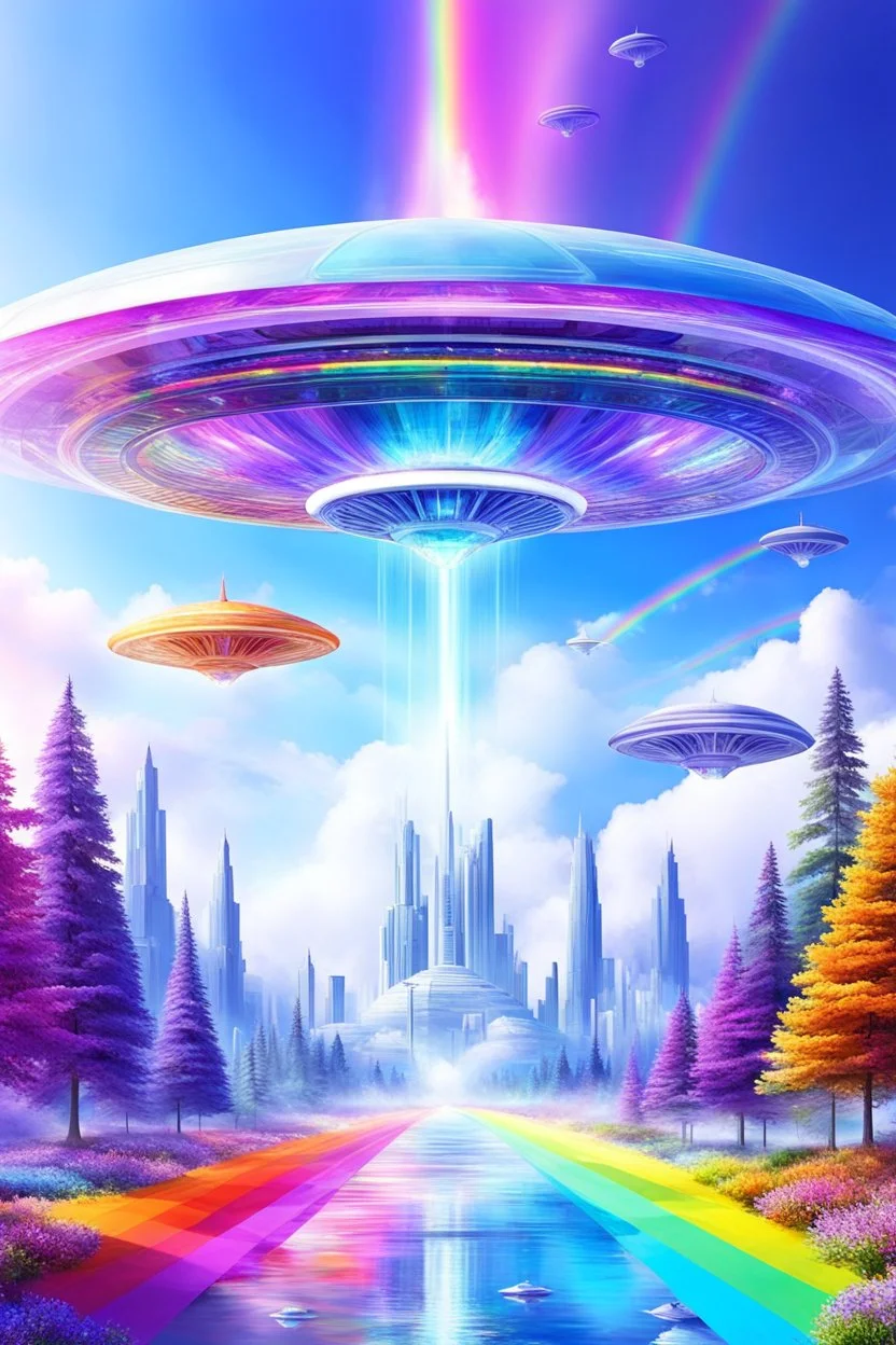 Ufo rainbow, futuriste ultra moderne,heaven,crystal very beautiful city,nature forest flowers colors