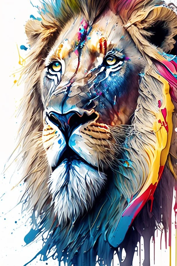 "lion", clean design, art station, splash of colorful paint, contour, ((solid white background)), looking into camera, hyperdetailed intricately detailed, unreal engine, fantastical, cinema lighting, intricate detail, splash screen, complementary colors, fantasy concept art, 8k resolution, DeviantArt masterpiece, watercolor, paint dripping