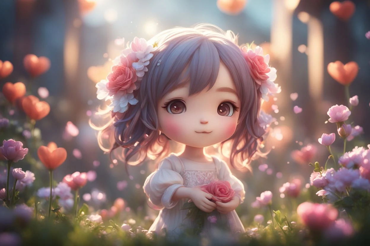 Cute chibi girl, flowers in sunshine, heart and love, ethereal, cinematic postprocessing, bokeh, dof Weight:1 detailed matte painting, deep color, fantastical, intricate detail, splash screen, complementary colors, fantasy concept art, 8k resolution trending on Artstation Unreal Engine 5 Weight:0.9