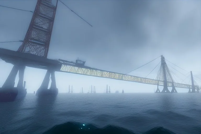 oakland boat port in california, urban , slums , view of port from the sea, bridge in background , fog , realistic, unity, scriptable render pipeline , cinematic lighting.