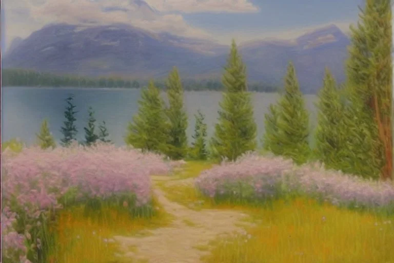 Mountains, lake, flowers, pathway, pine trees, clouds, otto pippel impressionism painting