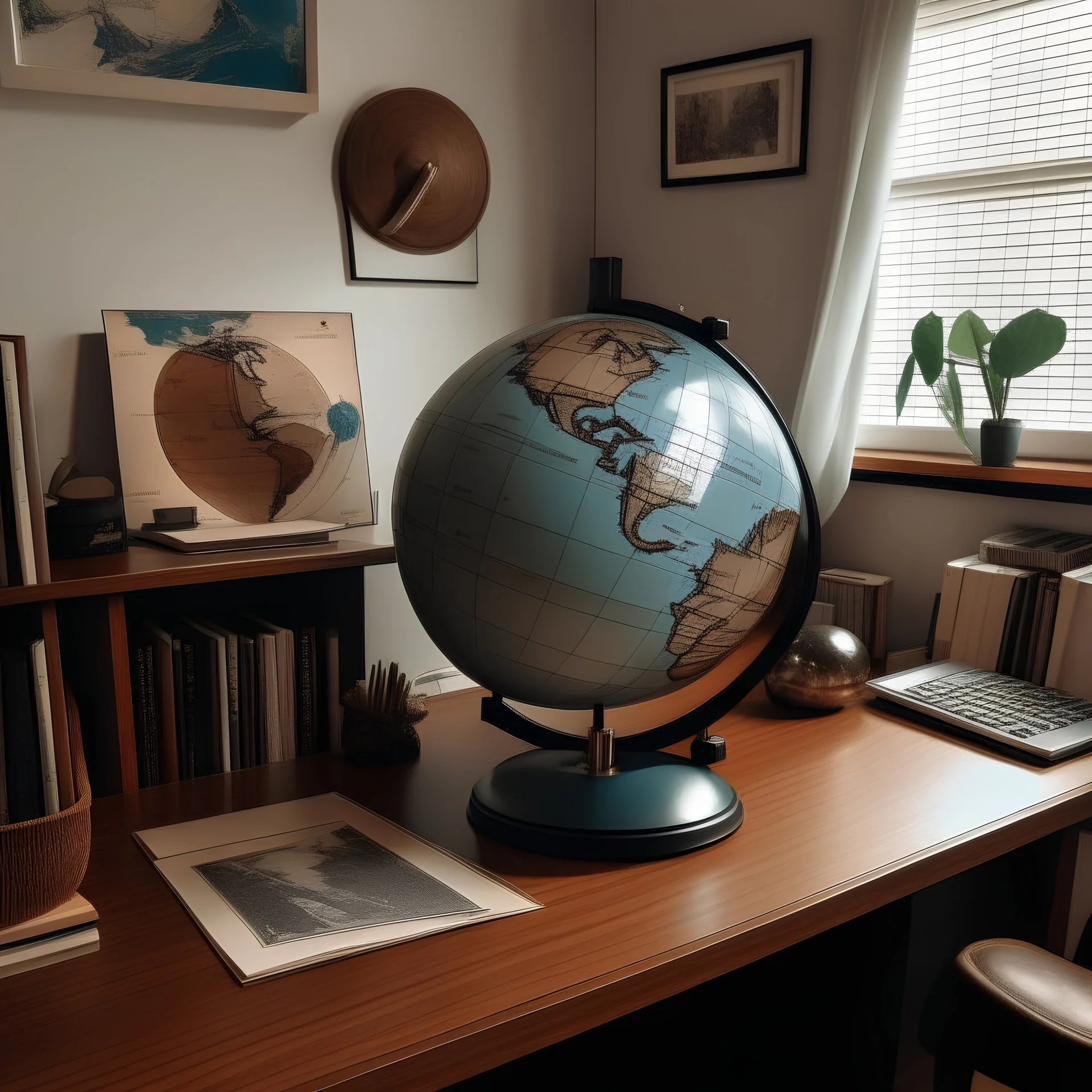 A sophisticated graphic designer's desk with a globe in the center of the room