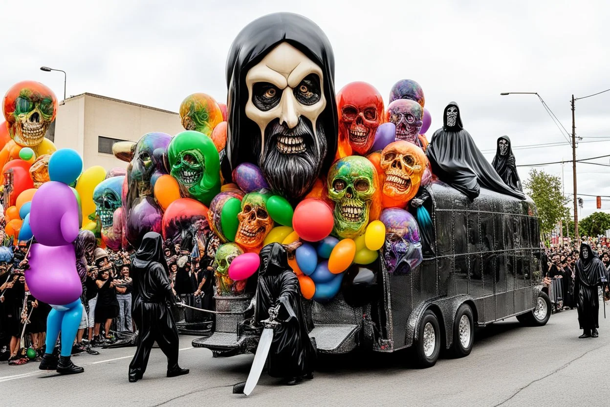 cartoonish jesus parade balloon pulled by multiple grim reapers, multi colored, bright, vivid, psychedelic, high detailed, high gloss, insanely detailed, matte, horrorcore, lining the street, unsettling contrast, monument to death, live action shot grim reaper parade, pulling a jesus parade float