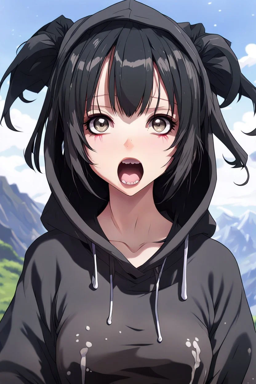 Closeup anime women goth with big eyes, fullbody, ragged clothes, slime, the perspective looking down, rolling eyes, tongue out, open mouth, croppedhoodie, underboob, mountainous horizon, 1girl, bangs, black hair, blind, grey eyes, hair between eyes, hair bun, hairband, short hair, mud drip, cropped hoodie underboob, cropped hoodieunderboobhoodie