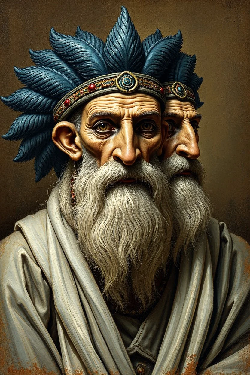 master oil painting by Rembrandt, with spray paint and pen outline, realistic rendering Portrait of the Apkallu sages who were sent by the god Ea to teach civilization to humanity before the flood. They were depicted as half-human and half-fish or bird, and were associated with wisdom, magic, and culture.