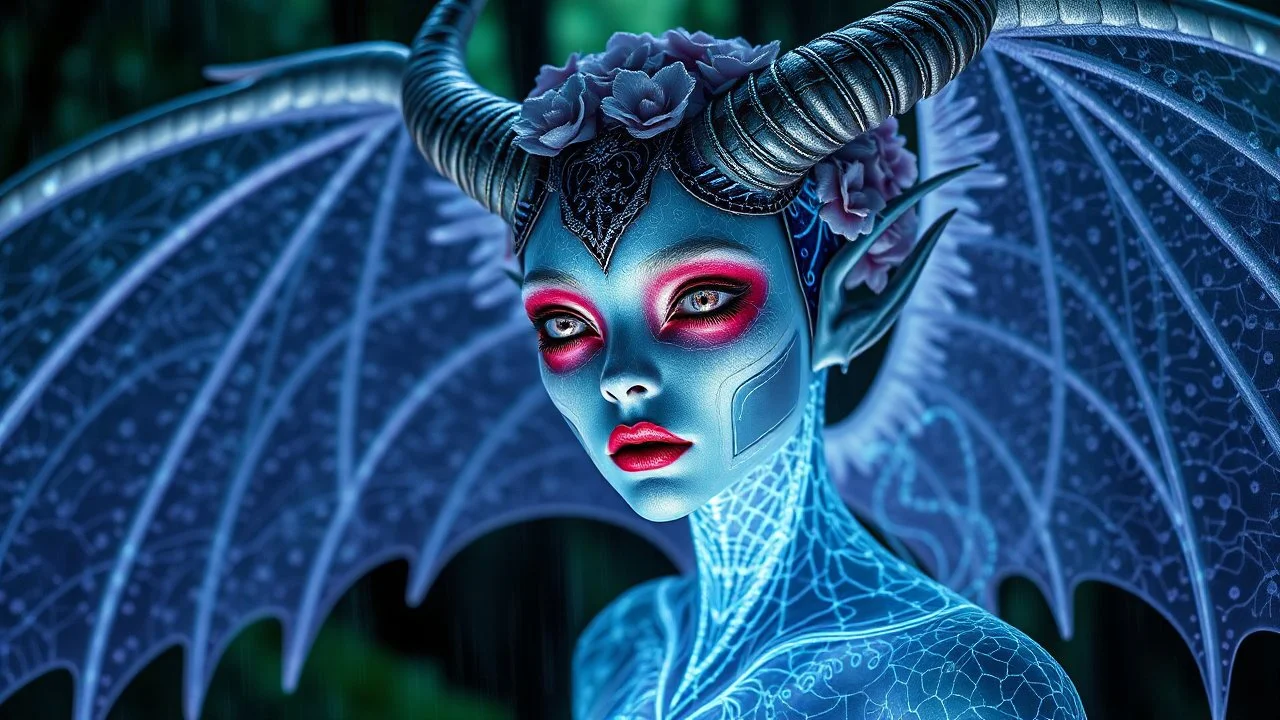 1. holographic simulation, beautiful xenobiotic alien demon with wings behind her on a night black forest background, floral beauty, super detailed face, bloody eyes, on night green forest and rain background, professional photo, 4k, high resolution, high detail, close-up, octane, body art, patterns, lavender color, white background, silver wire, artistic elven fantasy, filigree, dark botany, ultra detail, dark botany, photorealistic image