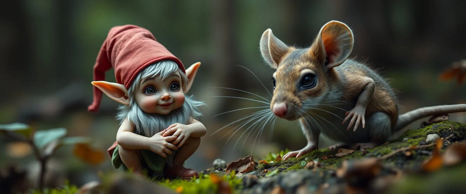 close up on pixie elf gnome and a goblin intense huge funny mouse, with background motion blur, in magical forest scene, in the style of Rembrandt