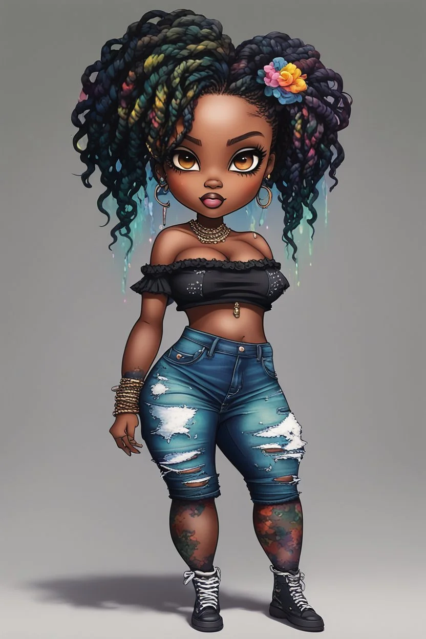 create a colorful abstract pop punk art image 8k of a chibi curvy black female wearing torn jeans pants and a black-tie dye off the shoulder blouse. Prominent make up with hazel eyes. Highly detailed long Senegalese twist in a hair wrap