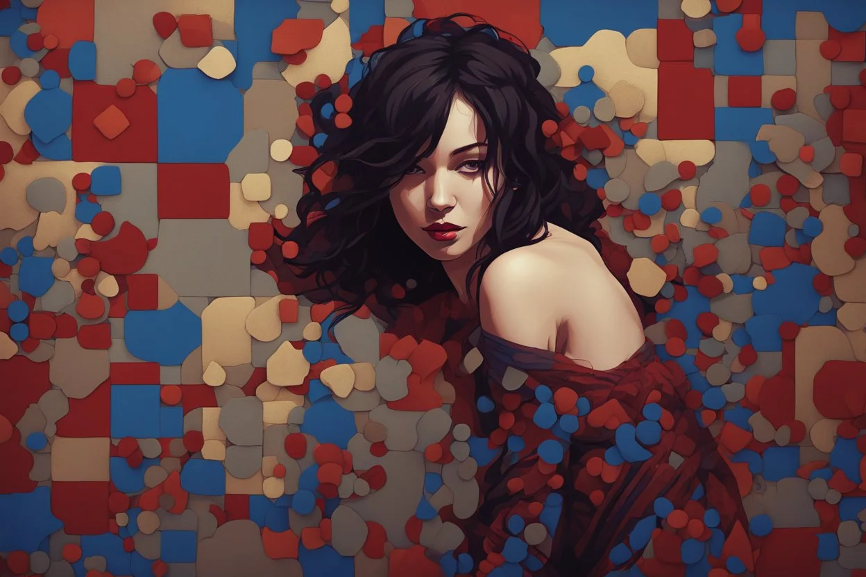 beautiful brunette sensual woman in a body suit, vibrant deep colors abstract minimalism impasto oil atey ghailan Andy Kehoe Jean Baptiste Monge Nagasawa Rosetsu Arthur Adams Hokusai style math art platinum dots concrete art burgundy deep blue golden foil wiring diagram made of dot squares wood stone chopped metal by Norman Rockwell Anton Fadeev krenz cushart disco club deep lighting neon ambience rich light, sequins, glitters, crystal dust, glowing effect rim light, inner glow, volumetric light