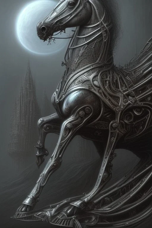 horse by h r Giger, Tim burton, dystopian surrealism, dark horror fantasy, hdr, artstation intricate details, demonic, dark art, dark noir, neoclassical gothic horror