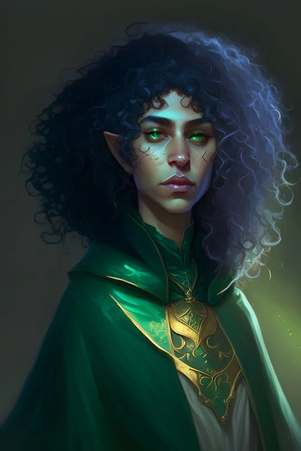 Female moon elf twilight cleric in a dark green robe with blueish curly hair and golden eyes