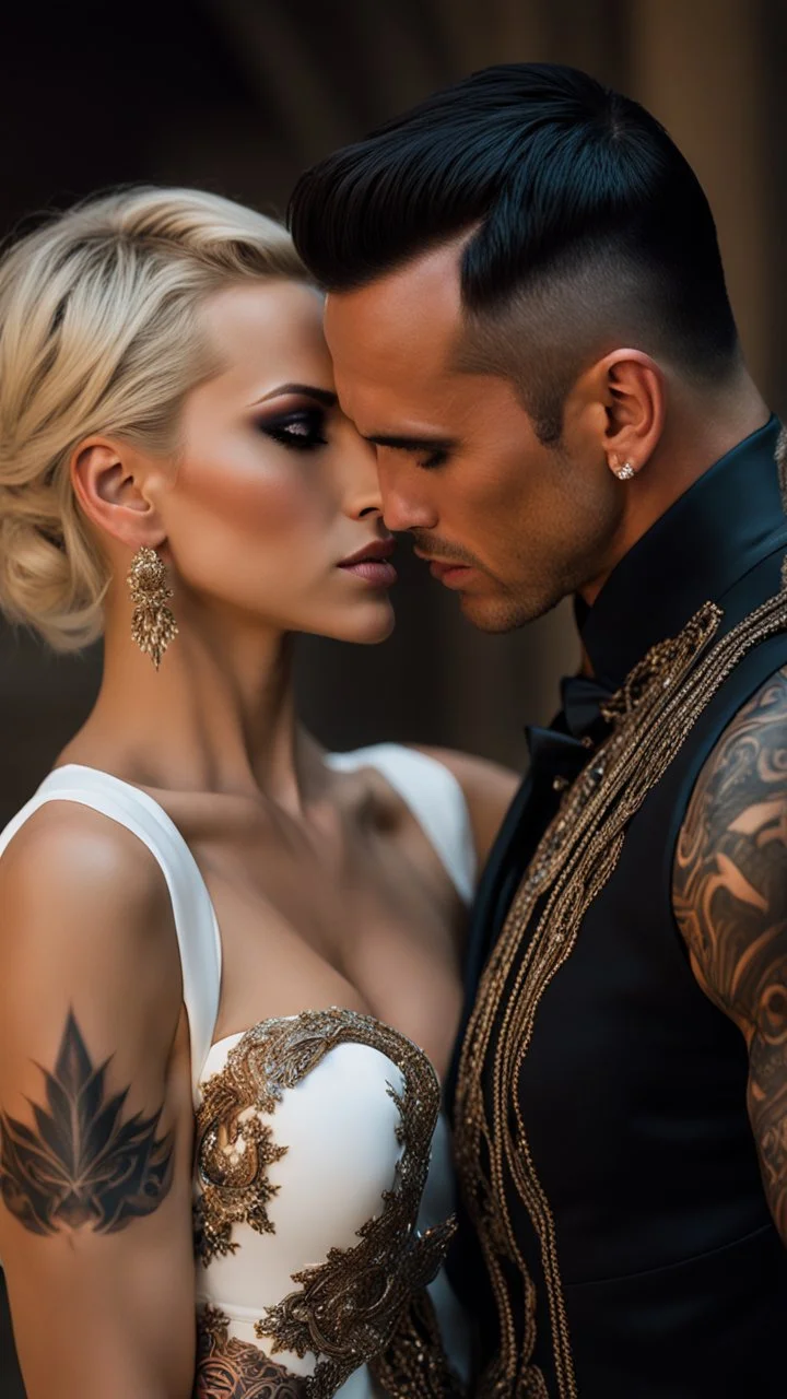 Jason david frank muscular male with short dark hair and tribal tattoos, wearing a designer suit, whispering in ear of young blonde woman, with short hair, wearing white wedding dress. fantasy, hyper realistic