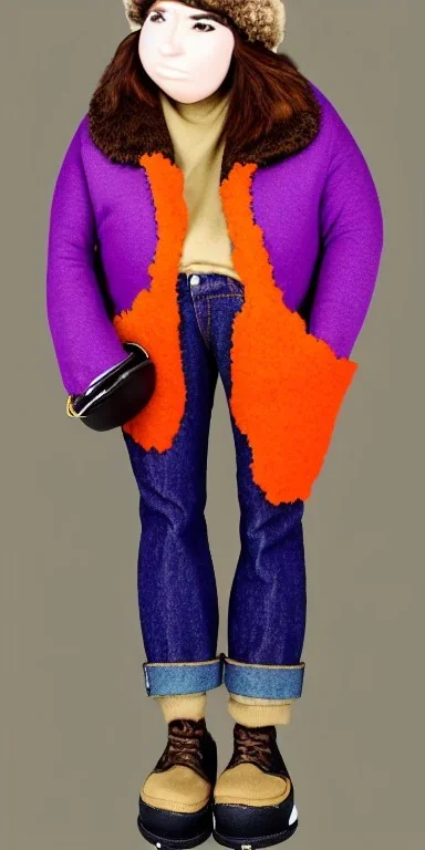 Brunette woman.thick thighs,thick calves,normal bodytype. big head. Mantle is sewed of upcycled Denim and sewed together of camouflage pieces. Pieces' color are orange, cream and purple. It is with big bright purple felt tippet and cream-colored-hood. mantle is merged with satchel, ochre. Big AKG-style headphones (gold rings!) is merged with small felt cap with small visor. Style: Haute Couture in 1920's, N.Y.C fashion in 1996, inspired by street art. Cream latex gaiter. Tennis shoes!