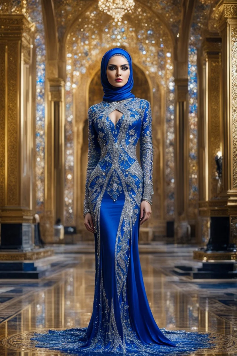 Gorgeous photography fulll body stand pose Beautiful super model Iranian islamic hijab dressing Luxury crystal diamonds sapphire diamonds ,colorful art conceptual, amazing artwork,close-up portrait,luxury Royal Palace background