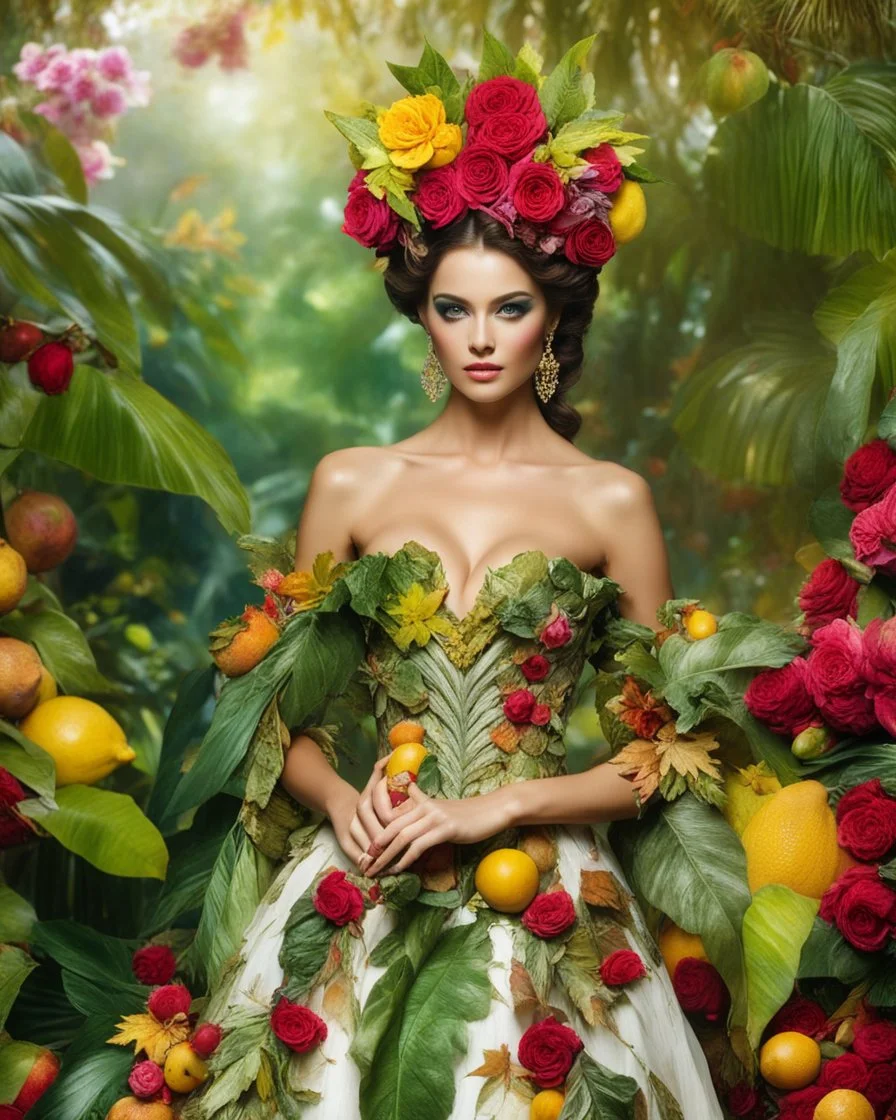 sweet pose pretty woman beauty make up cosmetic super model wearing a beautiful high details natural beuty color unique pattern autumn leaves gown queen costume,flowers crown all made of full elements varieties tropical fruits,full of green leaves and variaties roses,orchids flowers gardens tropical jungles background