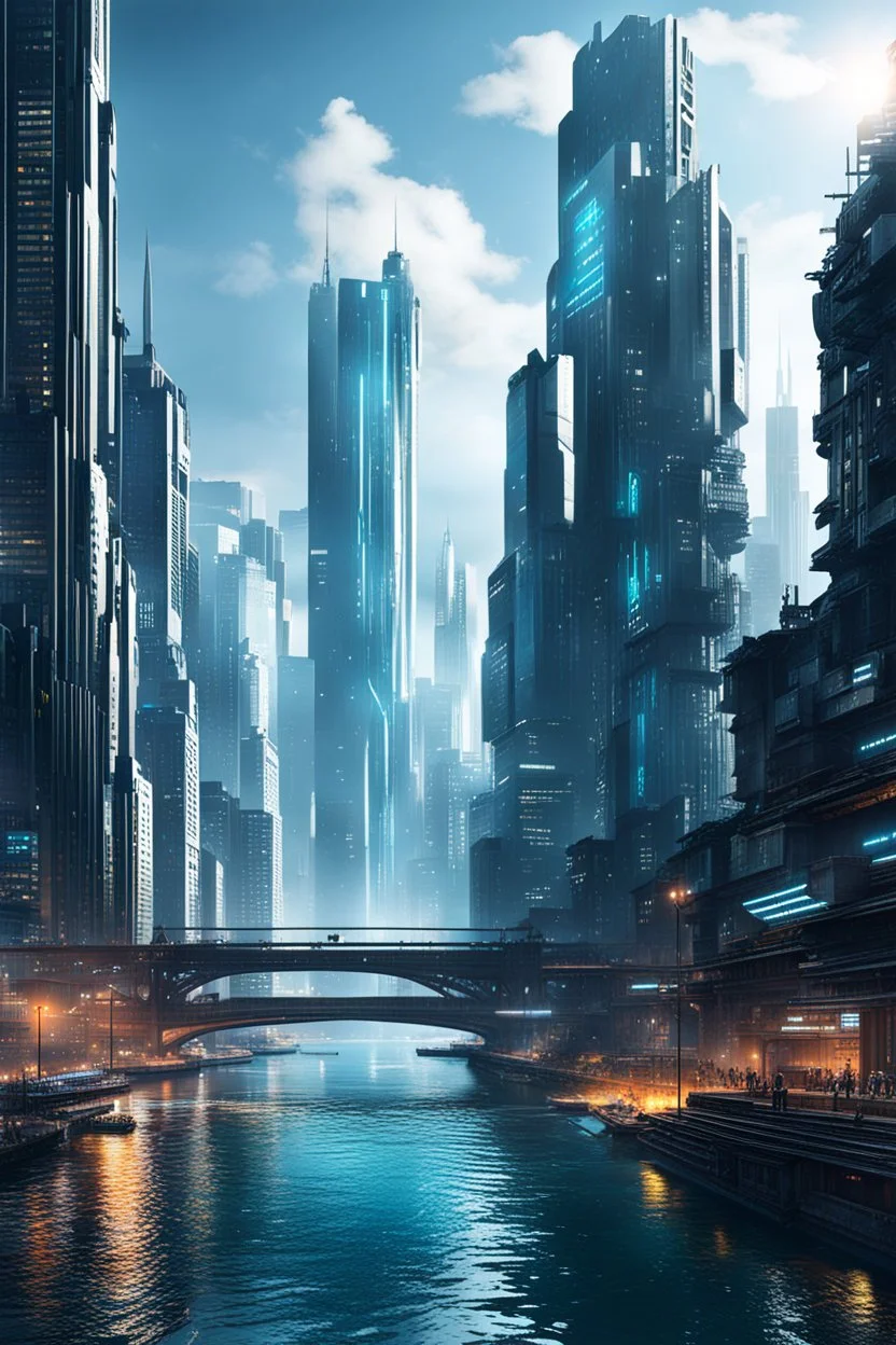 a large river in a modern city world, large buildings, cyberpunk style