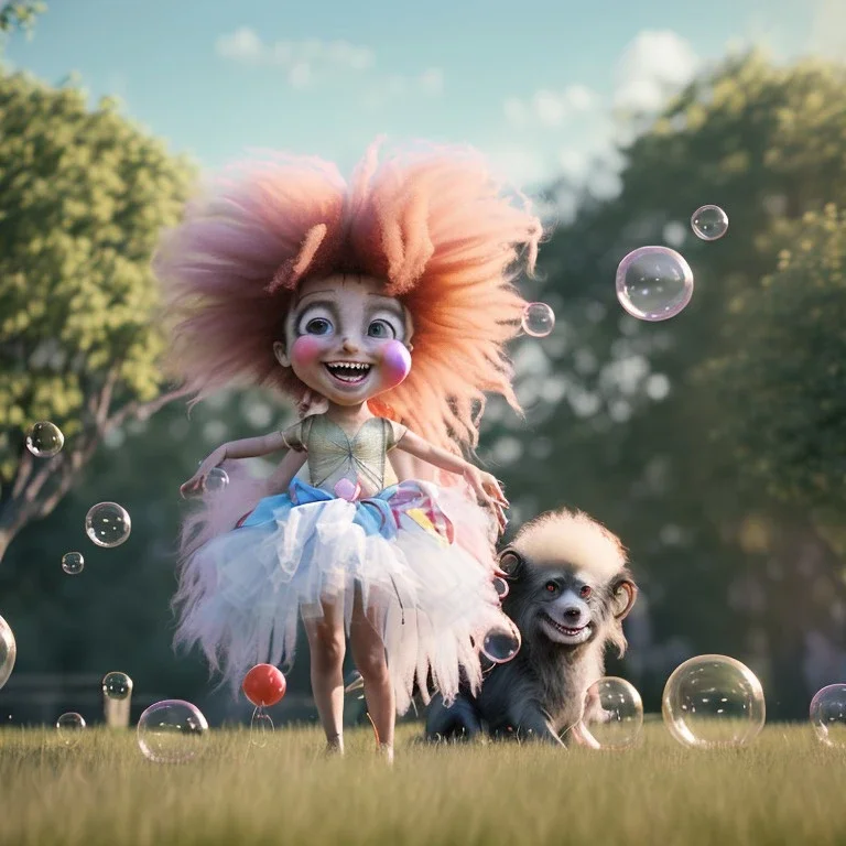 Ultra realistic circus scene. Sweet big hair monster. Child’s playing, smile, happy, color bubbles, smooth color, waist up view, Wes Anderson style, dark ambient, highly detailed, concept art, unreal engine 5, god rays, ray tracing, RTX, lumen lighting, ultra detail, volumetric lighting, 3d, finely drawn, high definition, high resolution.