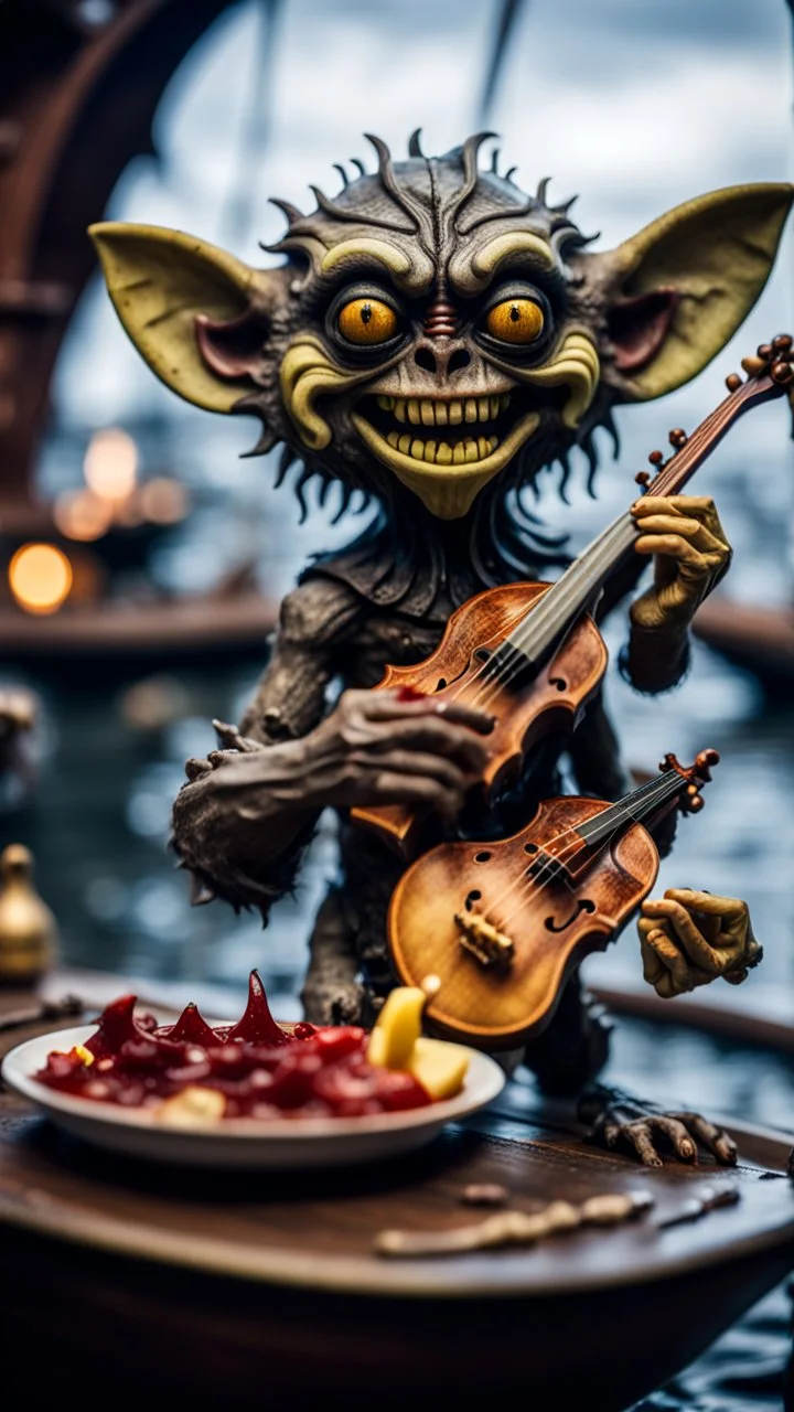 full body portrait of a banana werewolf gremlin star eating a violin and the blood of fish on a viking ship, in the style of Giger,bokeh like f/0.8, tilt-shift lens 8k, high detail, smooth render, down-light, unreal engine, prize winning