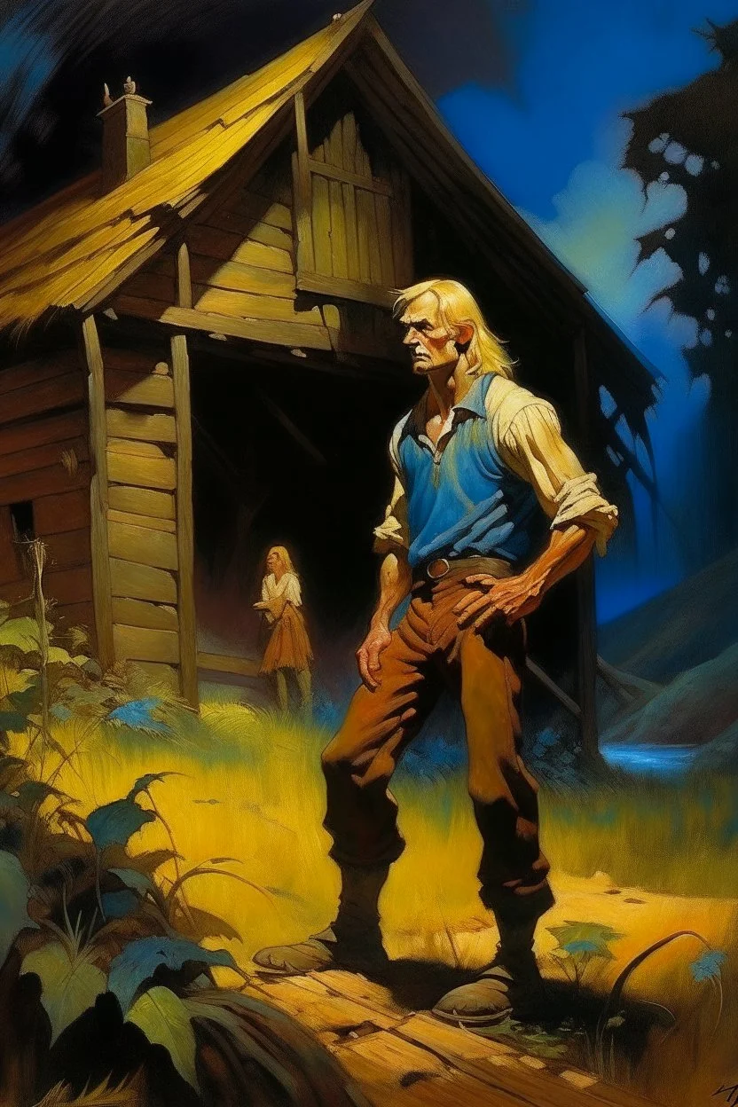 1970's dark fantasy cover dnd style oil painting of a ignorant hobo skinny medieval farmer blond man with sport outfits working at a hunted house with minimalist far perspective. Magazine.