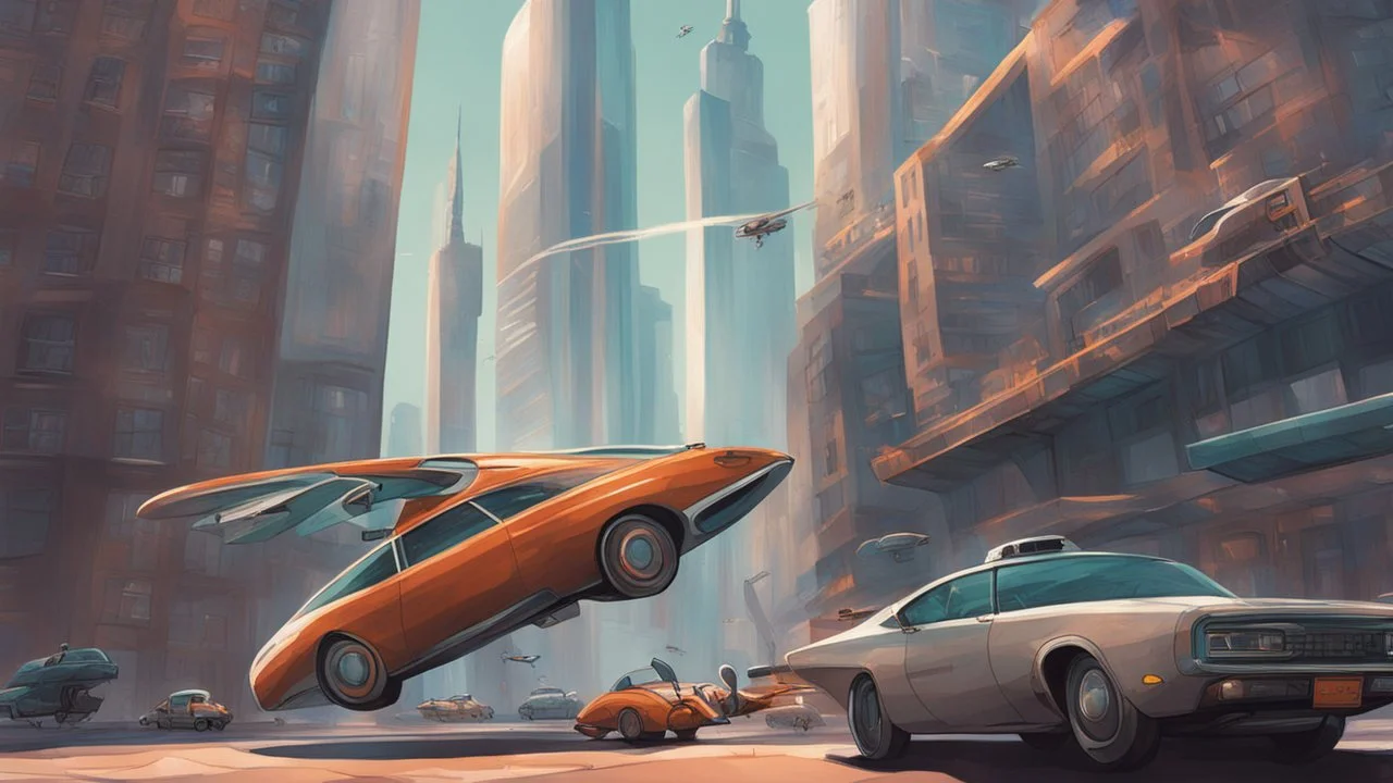 A digital painting depicting a futuristic cityscape with towering buildings and flying cars, where a giant shovel is being used as a vice to hold up a massive antenna