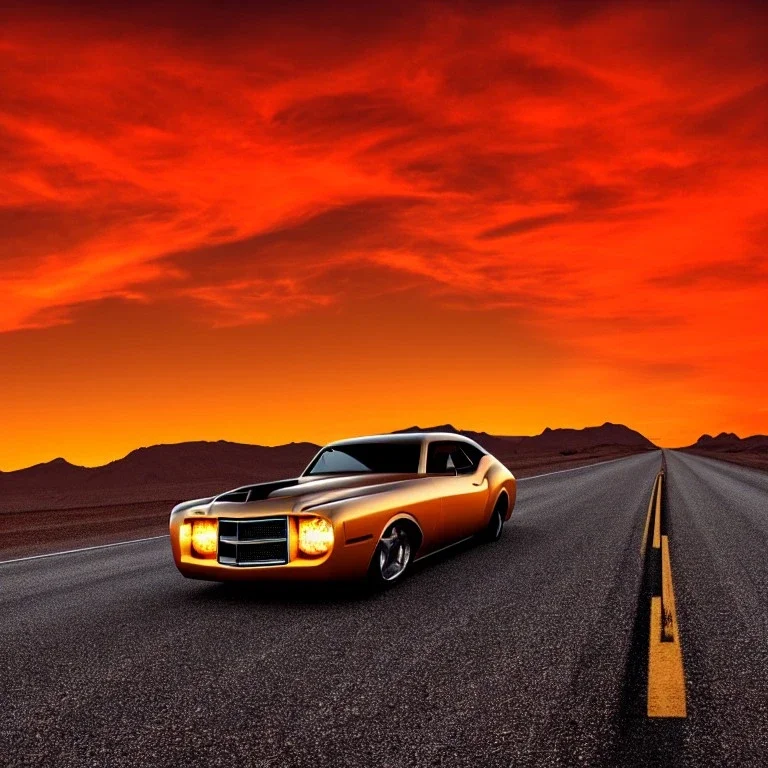 art deco, muscle car, desert road, sunset, full colour, hd,